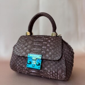 Brown Python Leather Mini Handbag, Small Top Handle Bag, Handmade Exotic Leather Purse