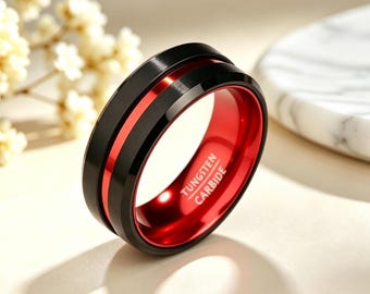 Red Tungsten Wedding Band, Black Tungsten Band, Red Tungsten Ring, Men's Wedding Band, Engagement Ring, Personalized Engraving