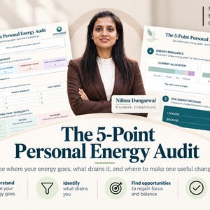 May include: The 5-Point Personal Energy Audit document set features a structured worksheet with sections for energy allocation, leak audits, and rebalancing. It includes the text The 5-Point Personal Energy Audit, Practical Easy to Use Guided, and Nilima Dungarwal Founder Consciouss.