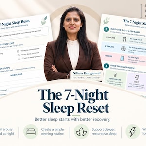 May include: The 7-Night Sleep Reset guide features two white pages with dark blue text, including sections like Identify the Night-Time Loop and Build the 3-2-1 Sleep Ramp. The pages include icons, checklists, and instructions for evening routines.