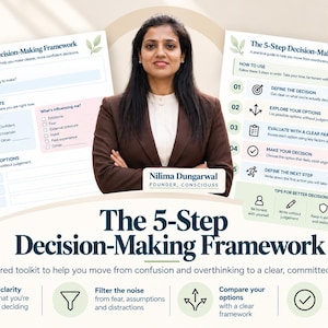 May include: A digital graphic titled The 5-Step Decision-Making Framework featuring two instructional worksheets with steps to clarify states and explore options, alongside a central portrait of a founder and text detailing a structured toolkit for decision-making.