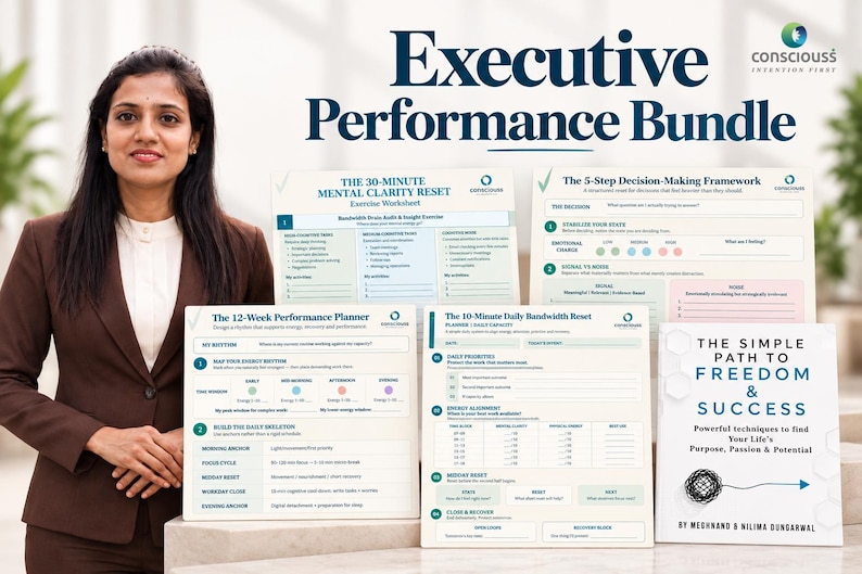 以下が含まれることがあります： Executive Performance Bundleには、印刷された計画ワークシートのコレクションと「The Simple Path to Freedom & Success」というタイトルの本が含まれています。ドキュメントには、The 30-Minute Mental Clarity Reset、The 5-Step Decision-Making Framework、The 12-Week Performance Planner、The 10-Minute Daily Bandwidth Resetが含まれます。