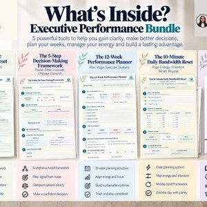 以下が含まれることがあります： Executive Performance Bundleには、The 30-Minute Mental Clarity Reset、The 5-Step Decision-Making Framework、The 12-Week Performance Planner、The 10-Minute Daily Bandwidth Reset、および書籍The Leader's Unfair Advantageの5つの印刷ツールが含まれています。