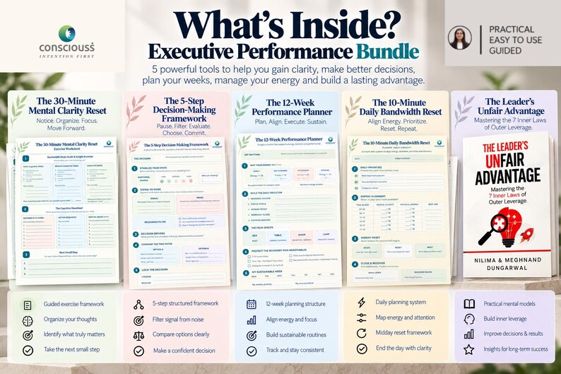 以下が含まれることがあります： Executive Performance Bundleには、The 30-Minute Mental Clarity Reset、The 5-Step Decision-Making Framework、The 12-Week Performance Planner、The 10-Minute Daily Bandwidth Reset、および書籍The Leader's Unfair Advantageの5つの印刷ツールが含まれています。