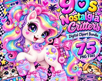 Op de afbeelding: Een digitale afbeelding met een wit pony met een regenboogkleurige manen, voorzien van beenwarmers en een hartjesketting. De afbeelding bevat een kitten op een skateboard, een puppy met een boombox en de tekst 90s Nostalgia Critters Digital Clipart Bundle 75 PNG Files.
