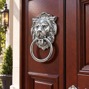 Op de afbeelding: Een deurklopper van gepolijst chroom in de vorm van een leeuwenkop met een cirkelvormige ring in de bek. De metalen leeuw heeft gedetailleerde gelaatstrekken en een vloeiende manen, gemonteerd op een donker roodbruin houten deurpaneel.