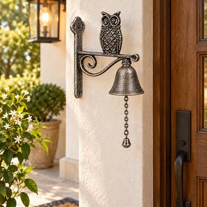 Brass Owl Doorbell, Antique Silver Wall Mounted Door Bell, Vintage Pull Chain Bell, Rustic Entryway Decor, Owl Lover Housewarming Gift