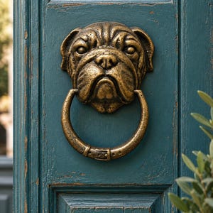 May include: A bronze-toned metal door knocker shaped like a bulldog head with a circular ring held in its mouth. The ring features a small buckle detail at the bottom. The knocker is mounted on a dark teal, weathered wooden door with visible grain.