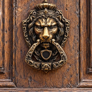 Op de afbeelding: Een bronskleurige metalen deurklopper met een gedetailleerde leeuwenkop met kroon, gemonteerd op een donkere houten deur. De leeuw houdt een driehoekige, versierde zwaairing in zijn bek, met een klein schildvormig embleem onder de ring.