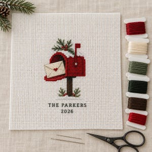 Personalized Christmas Mailbox Needlepoint Kit, Red Postbox Canvas with Custom Family Name and Year, Threads and DIY Craft Supplies