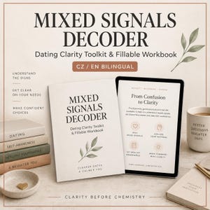 May include: A Mixed Signals Decoder dating clarity toolkit and fillable workbook in print and digital tablet formats. The set includes a stack of four books, a small bowl with a heart-shaped charm, and a mug with the text Better Questions Brighter Days.