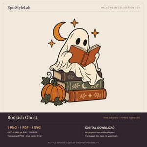 May include: A digital illustration of a white ghost reading an open orange book while sitting on a stack of three books. An orange pumpkin with green leaves sits beside the books. A crescent moon and three four-pointed stars are above the ghost.