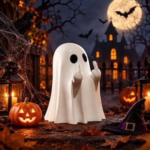 Op de afbeelding: Een wit spookfiguurtje met twee zwarte ovale ogen, afgebeeld met beide handen omhoog en de middelvingers uitgestoken. Het gladde, ronde spook staat rechtop en heeft een eenvoudig ontwerp met zichtbare armen en handen.