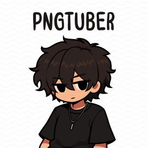 May include: A digital illustration of a character with messy dark brown hair and dark eyes, wearing a black t-shirt and a silver chain necklace. The text PNGTUBER is displayed in black capital letters above the character's head.