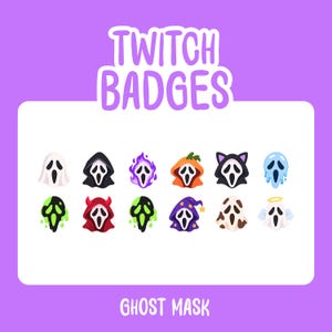 May include: A set of twelve digital Twitch badges featuring ghost mask designs in various styles, including a pumpkin, cat ears, flames, and angel wings. The text TWITCH BADGES and GHOST MASK is displayed in white against a purple background.