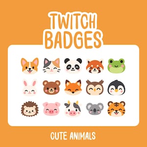 May include: A collection of fifteen digital animal icons arranged in a grid, labeled TWITCH BADGES and CUTE ANIMALS. The set includes a corgi, cat, panda, red panda, frog, rabbit, bear, fox, owl, penguin, hedgehog, pig, cow, koala, and tiger.