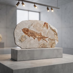 May include: A fossilized fish specimen embedded in a light beige, oval-shaped stone slab. The fossil displays a detailed skeletal structure with brown, rust-colored markings and visible fin impressions, resting on a rectangular concrete display base.