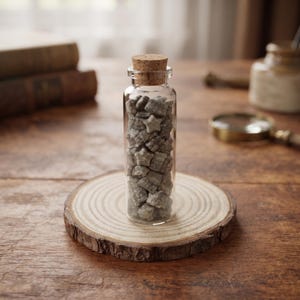 May include: A clear glass cylindrical bottle with a cork stopper, filled with small, grey, star-shaped objects. The bottle is positioned upright on a circular wooden slice with visible tree rings, showcasing a natural wood grain texture.
