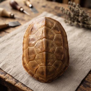 May include: A polished, light brown turtle shell featuring a distinct, segmented hexagonal pattern across its domed surface. The shell displays natural variations in colour, ranging from tan to deep amber, with a smooth, glossy finish throughout.