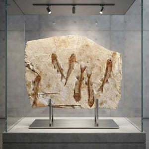 May include: A rectangular beige sedimentary rock slab containing five distinct fossilized fish specimens. The fossils are arranged in a vertical orientation across the textured stone surface, which is supported by a silver metal stand.