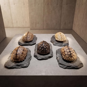 May include: Five individual turtle shells, each featuring a unique pattern of brown and tan scutes, are displayed separately on top of five distinct, jagged-edged pieces of dark gray slate rock, arranged in a balanced formation on a flat surface.