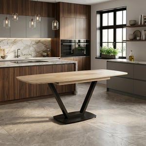 May include: A rectangular dining table with a light wood grain top and a black metal V-shaped pedestal base. The table features a smooth, flat surface and a sturdy, wide base that rests directly on the floor, providing a stable foundation.
