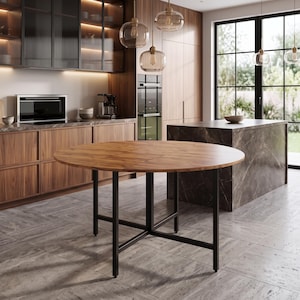 May include: A round dining table featuring a natural wood grain tabletop with a smooth, circular surface. The table is supported by a black metal base consisting of four straight legs connected by a central cross-brace structure for stability.