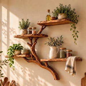 May include: A wall-mounted wooden shelf unit shaped like a tree branch with four horizontal platforms. The shelves hold various potted green plants, glass jars with cork lids, a small oil bottle, a ceramic pitcher, and a hanging linen cloth.