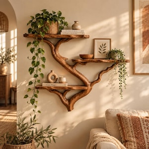 May include: A wall-mounted wooden shelf unit shaped like a tree branch with three horizontal tiers. The shelves hold a potted pothos plant, a small vase, books titled The Kinfolk Home and Plant Magic, a wooden bowl, and a framed leaf print.