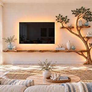 Meuble TV en bois en forme d'arbre, console multimédia murale rustique, meuble TV inspiré par la nature, décoration de salon artisanale, mobilier mural en bois organique