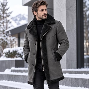 May include: A charcoal gray suede coat featuring a thick black faux shearling lining, a wide notched collar, and a front closure with both a vertical zipper and three buttons. The coat includes long sleeves with black faux shearling cuffs.