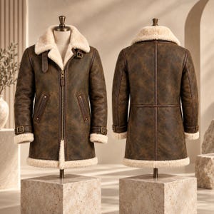 Könnte beinhalten: Eine braune Jacke aus Distressed-Leder mit cremefarbenem Lammfellfutter, ausgestattet mit einem Frontreißverschluss, einem breiten Reverskragen, zwei Seitentaschen sowie verstellbaren Schnallenriemen an den Ärmelbündchen und am Kragen.