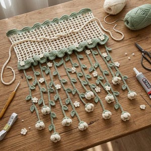 Op de afbeelding: Een gehaakte wandhanger met een crèmekleurige rasterbovenkant en een ruche-rand in saliegroen. Meerdere saliegroene ranken hangen naar beneden, elk versierd met kleine crèmekleurige gehaakte bloemen en grotere bloemknoppen aan de uiteinden.
