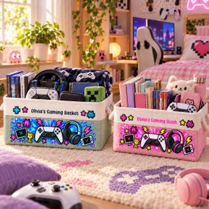 Cestino portaoggetti personalizzato per la zona giochi, contenitore organizer per videogiochi personalizzato con nome, decorazione per la sala giochi, contenitore per giocattoli per bambini, regalo per gamer per ragazzi
