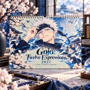 May include: A 2027 wall calendar titled Gojo: Twelve Expressions, A Year of Infinite Charisma. The cover features an anime-style illustration of a white-haired character with a black blindfold, surrounded by cherry blossoms and blue accents.