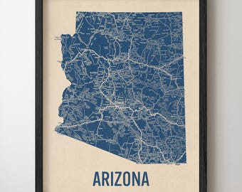 Arizona Road Map Art Print, Retro Style, Blue on Beige, Archival Wall Decor