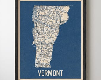 Vermont Road Map Art Print, Retro Style, Blue on Beige, Archival Wall Decor