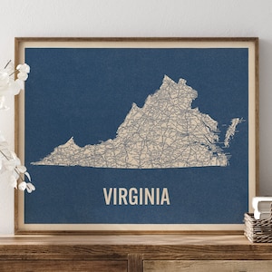 Vintage Virginia Road Map Art Print, Blue on Beige 2, Unframed image 1