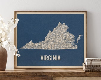 Vintage Virginia Road Map Art Print, Blue on Beige #2, Unframed