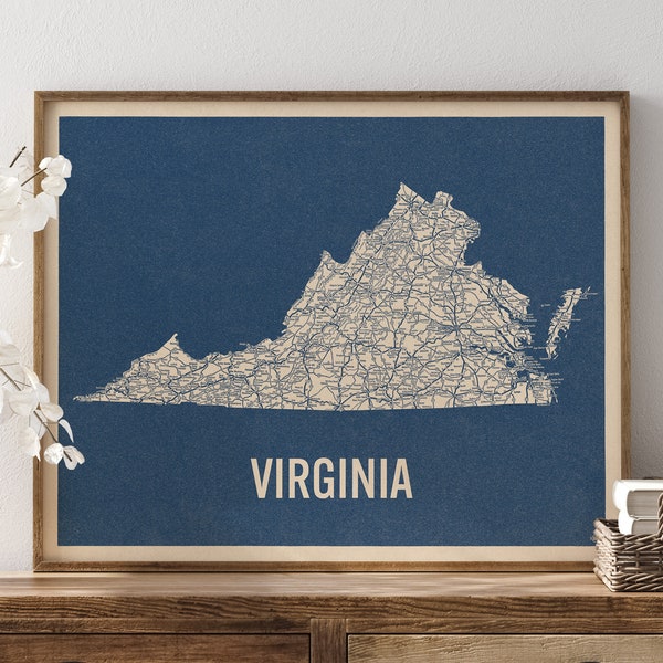 Vintage Virginia Road Map Art Print, Blue on Beige #2, Unframed