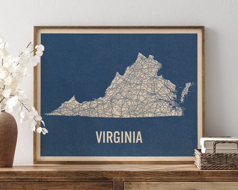 Vintage Virginia Road Map Art Print, Blue on Beige 2, Unframed image 1