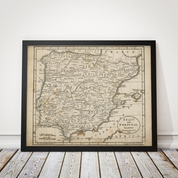 Old Spain and Portugal Map Art Print, 1816, Archival Reproduction, Unframed
