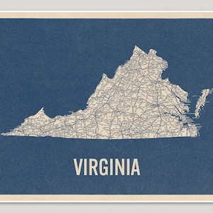 Vintage Virginia Road Map Art Print, Blue on Beige 2, Unframed image 2