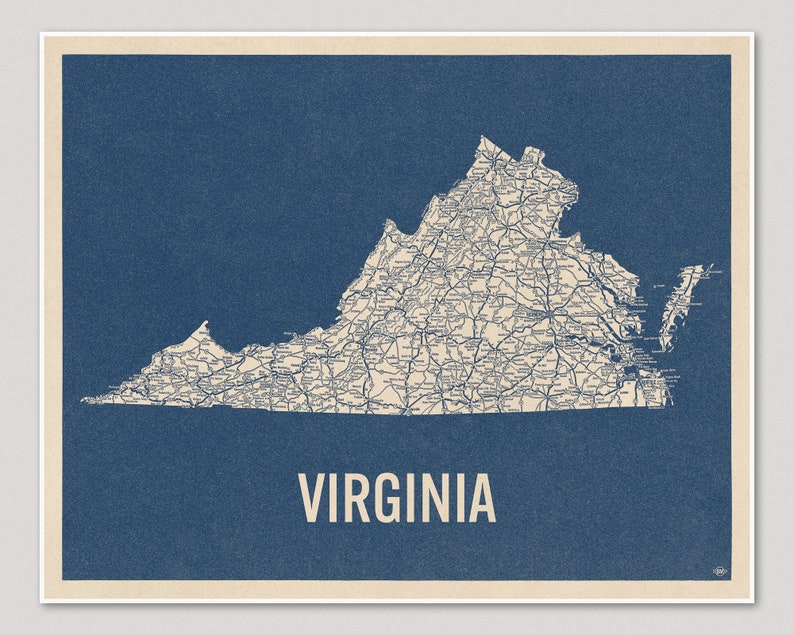 Vintage Virginia Road Map Art Print, Blue on Beige 2, Unframed image 2