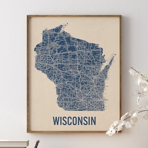 Vintage Wisconsin Road Map Art Print, Blue on Beige #1, Unframed