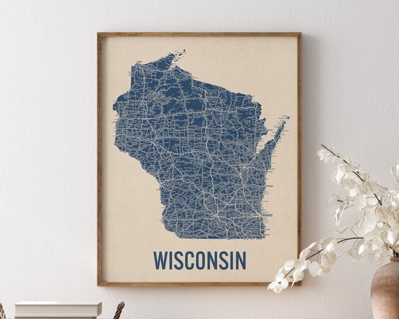 Vintage Wisconsin Road Map Art Print Blue on Beige 1 - Etsy