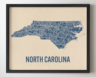 North Carolina Road Map Art Print, Retro Style, Blue on Beige, Archival Wall Decor