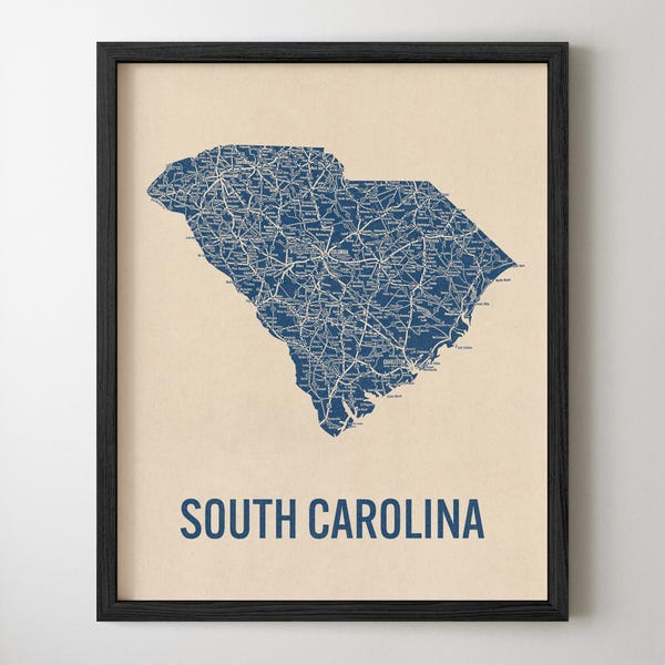 South Carolina Road Map Art Print, Retro Style, Blue on Beige, Archival Wall Decor
