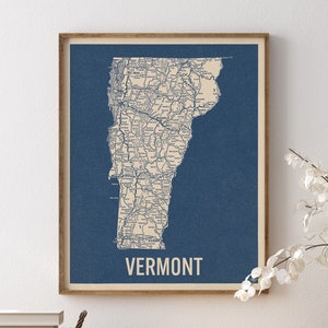 Vintage Vermont Road Map Art Print, Blue on Beige #2, Unframed