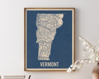 Vintage Vermont Road Map Art Print, Blue on Beige #2, Unframed